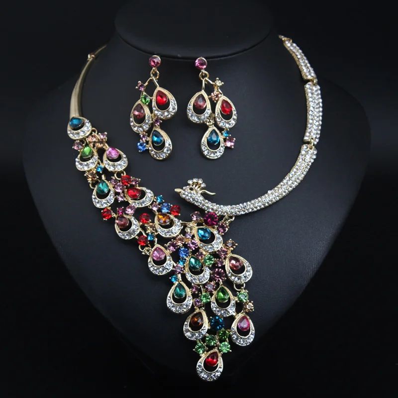Ruby peacock necklace and earrings set. High-quality waterproof jewelry. Gift for your wife.