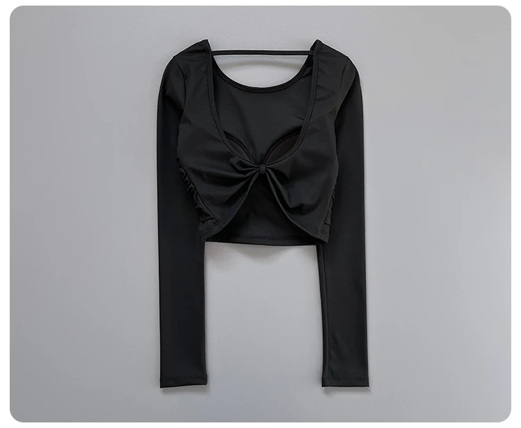 Women Front Twist Crop Long Sleeve Yoga Top Back Strap Slim Quick Dry Breathable Running Fitness Sports Tee ****