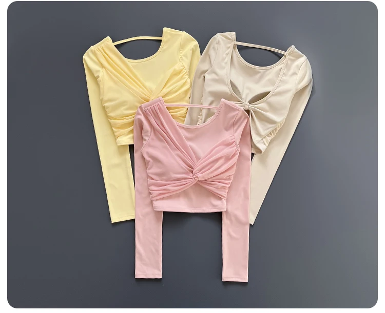 Women Front Twist Crop Long Sleeve Yoga Top Back Strap Slim Quick Dry Breathable Running Fitness Sports Tee ****