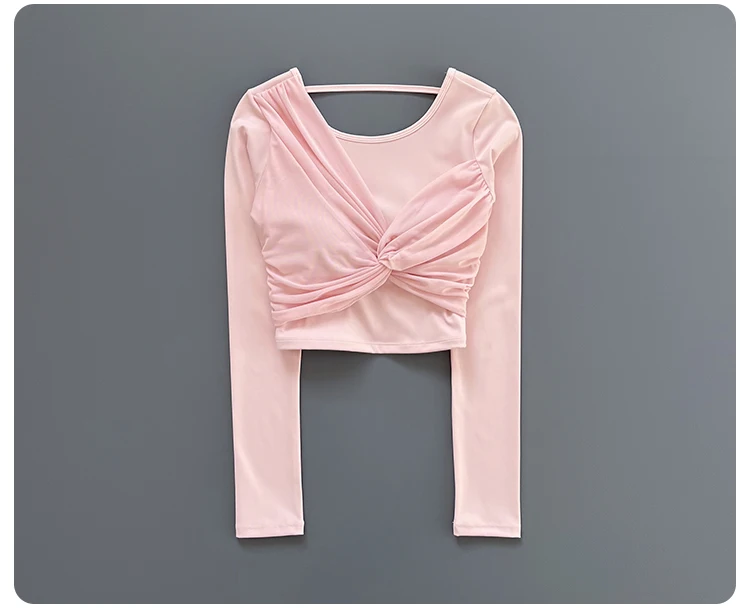Women Front Twist Crop Long Sleeve Yoga Top Back Strap Slim Quick Dry Breathable Running Fitness Sports Tee ****