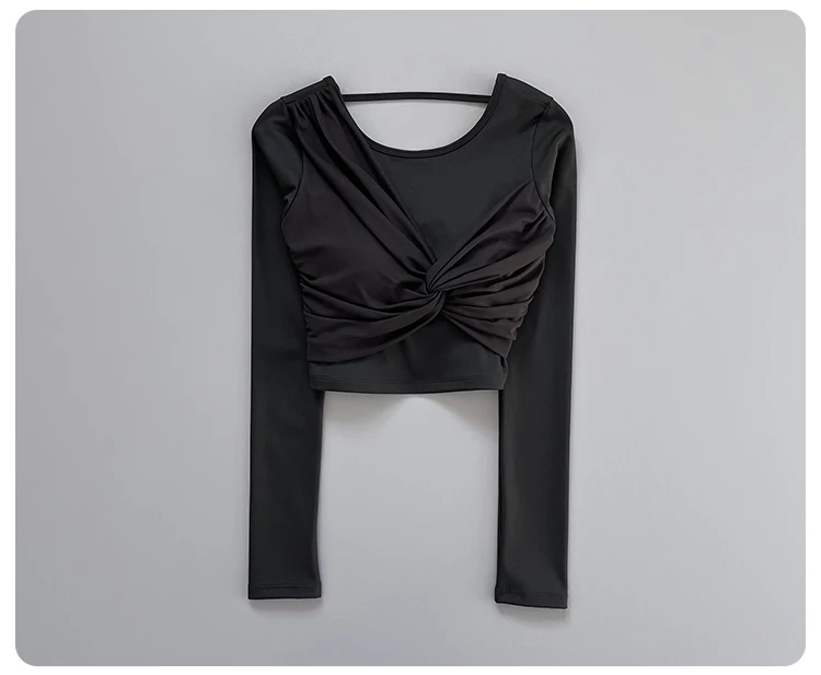 Women Front Twist Crop Long Sleeve Yoga Top Back Strap Slim Quick Dry Breathable Running Fitness Sports Tee ****