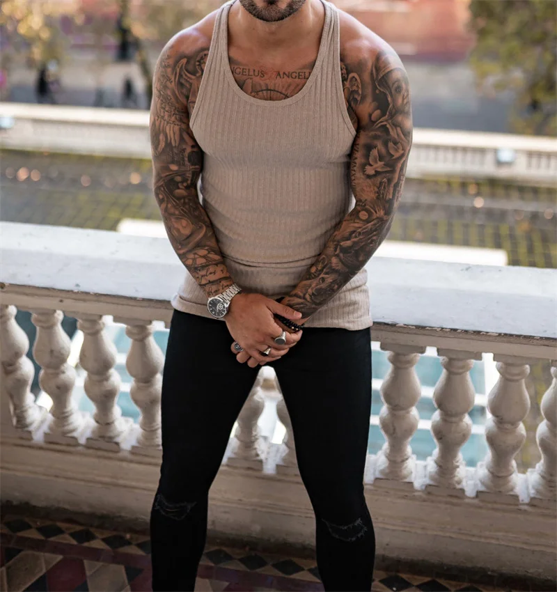 Summer Men's Bodybuilding Vest Gym Workout Fitness Sleeveless Shirt Running Tank Top Stringer Stripe Men Vest Men Tanks