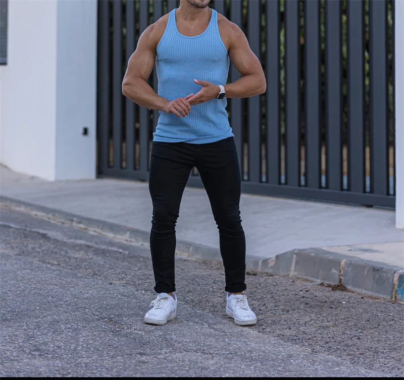 Summer Men's Bodybuilding Vest Gym Workout Fitness Sleeveless Shirt Running Tank Top Stringer Stripe Men Vest Men Tanks