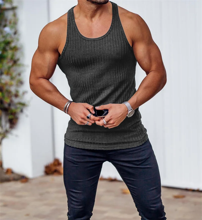 Summer Men's Bodybuilding Vest Gym Workout Fitness Sleeveless Shirt Running Tank Top Stringer Stripe Men Vest Men Tanks