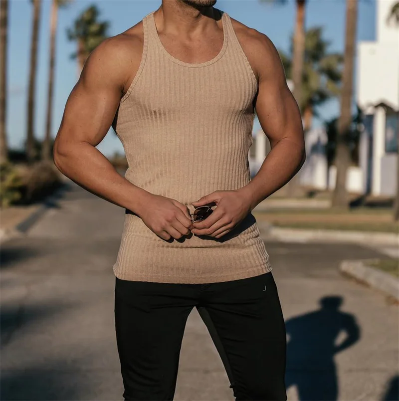 Summer Men's Bodybuilding Vest Gym Workout Fitness Sleeveless Shirt Running Tank Top Stringer Stripe Men Vest Men Tanks