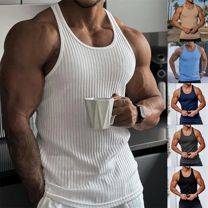 Summer Men's Bodybuilding Vest Gym Workout Fitness Sleeveless Shirt Running Tank Top Stringer Stripe Men Vest Men Tanks