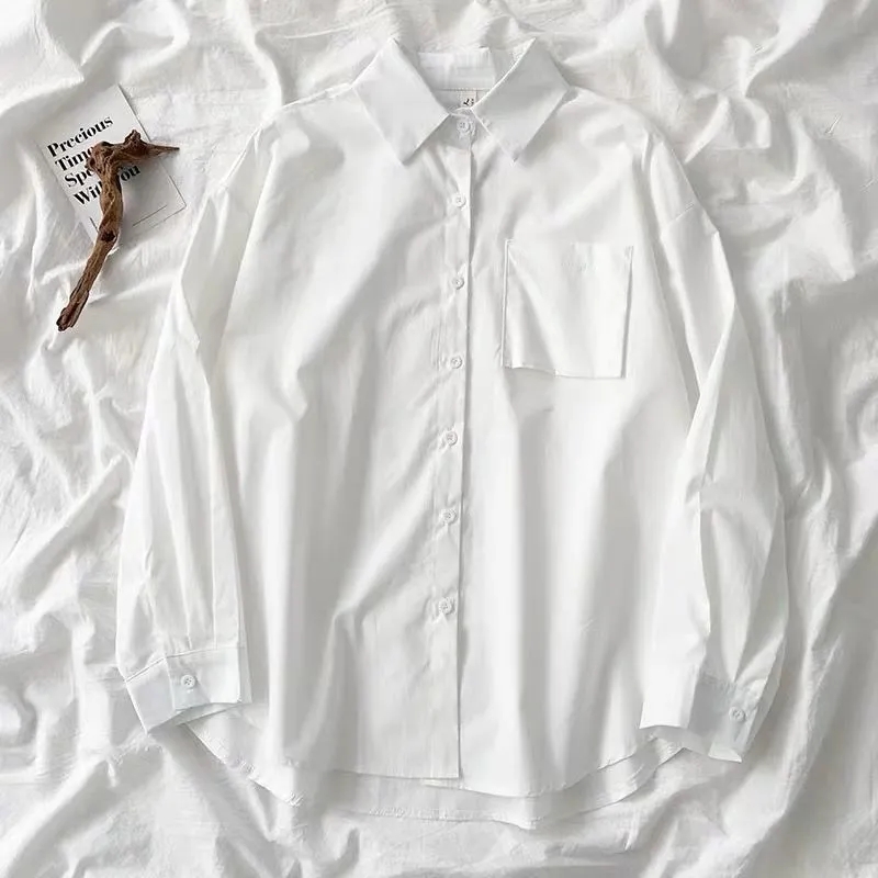 New Autumn Long Sleeve Loose Student Blouse Shirt Women White Black Turn Down Collar Casual Oversized Shirt Vintage Top