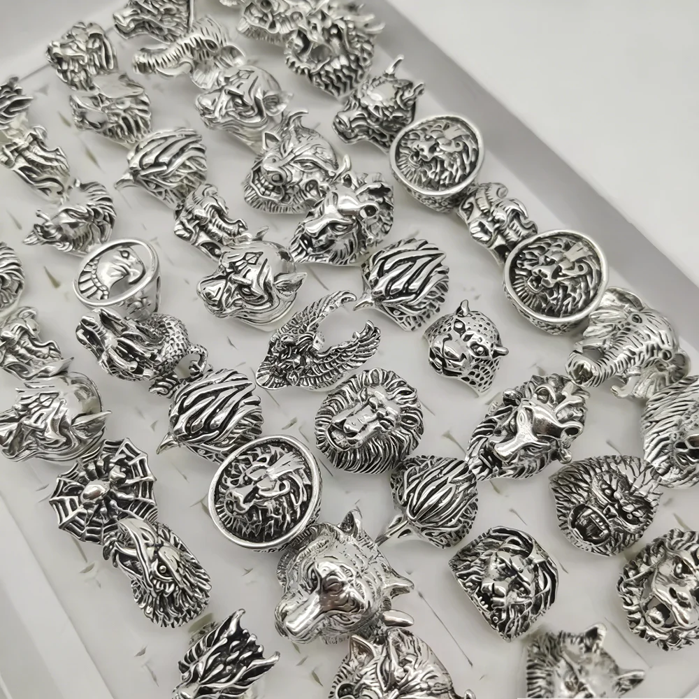  10/20/30/50Pieces Vintage Punk Animal Rings Set For Women Men Mix Style Retro Gothic Hip Hop Lion Elephant Jewelry Party Gifts