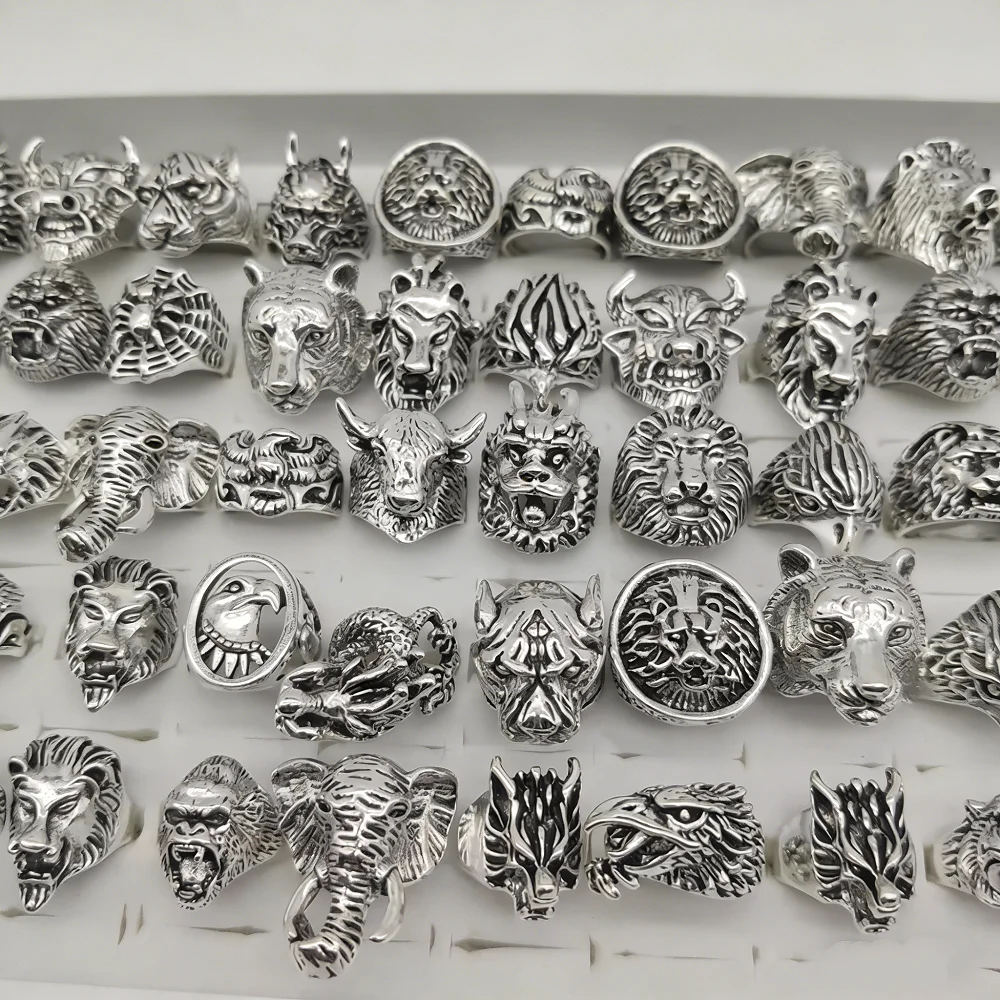  10/20/30/50Pieces Vintage Punk Animal Rings Set For Women Men Mix Style Retro Gothic Hip Hop Lion Elephant Jewelry Party Gifts