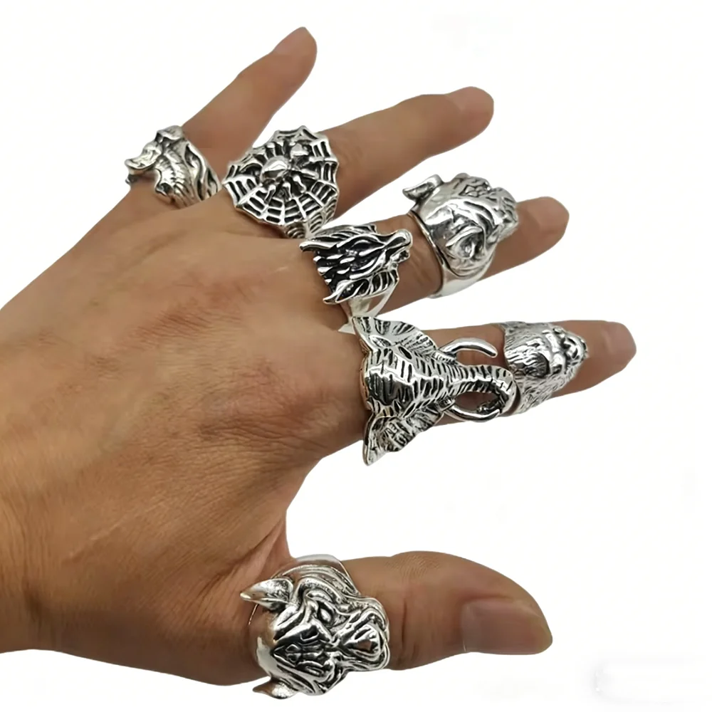  10/20/30/50Pieces Vintage Punk Animal Rings Set For Women Men Mix Style Retro Gothic Hip Hop Lion Elephant Jewelry Party Gifts