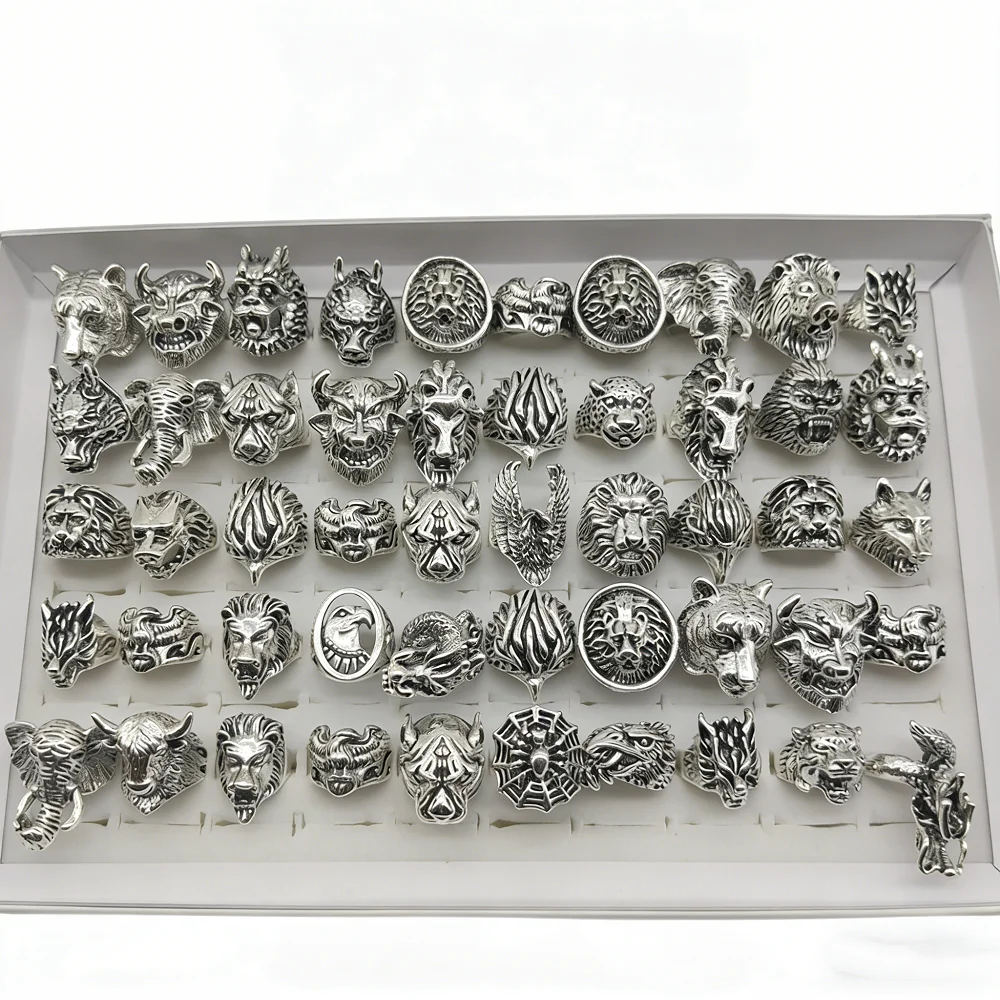  10/20/30/50Pieces Vintage Punk Animal Rings Set For Women Men Mix Style Retro Gothic Hip Hop Lion Elephant Jewelry Party Gifts