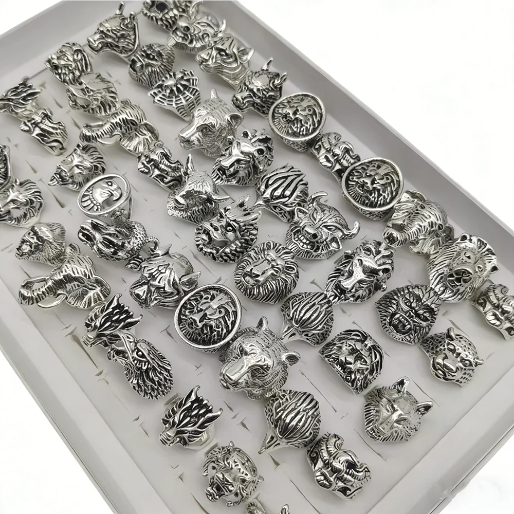  10/20/30/50Pieces Vintage Punk Animal Rings Set For Women Men Mix Style Retro Gothic Hip Hop Lion Elephant Jewelry Party Gifts