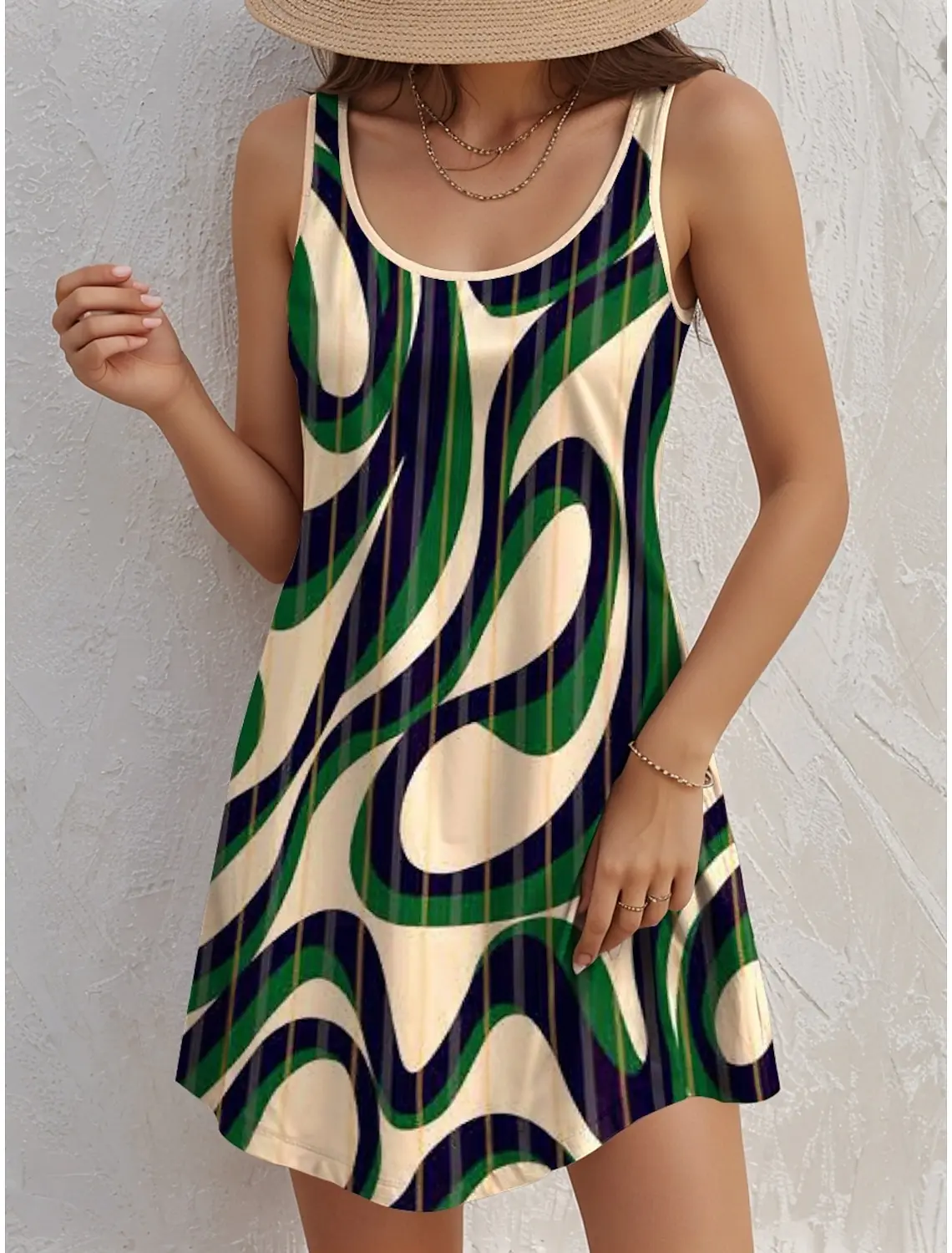 Minimally Designed U-Neck Women's Dress Loose Daily Casual Sleeveless Long Dress 3D Printed Pattern Dress