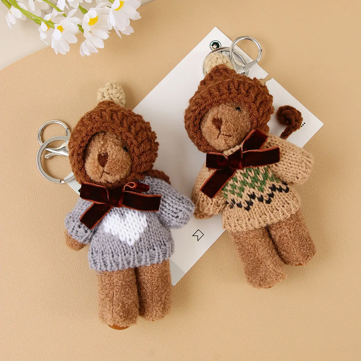 Fashion Wool Crochet Hat Bear Pendant Keychain Cute Bow Tie White Chocolate Brown Sweater Bear Doll Key Chain Car Key Bag Decora