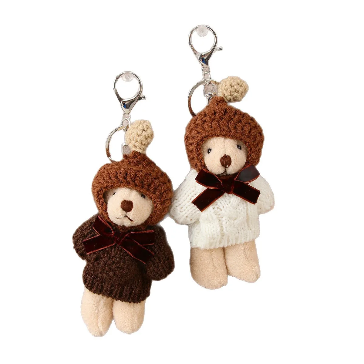 Fashion Wool Crochet Hat Bear Pendant Keychain Cute Bow Tie White Chocolate Brown Sweater Bear Doll Key Chain Car Key Bag Decora