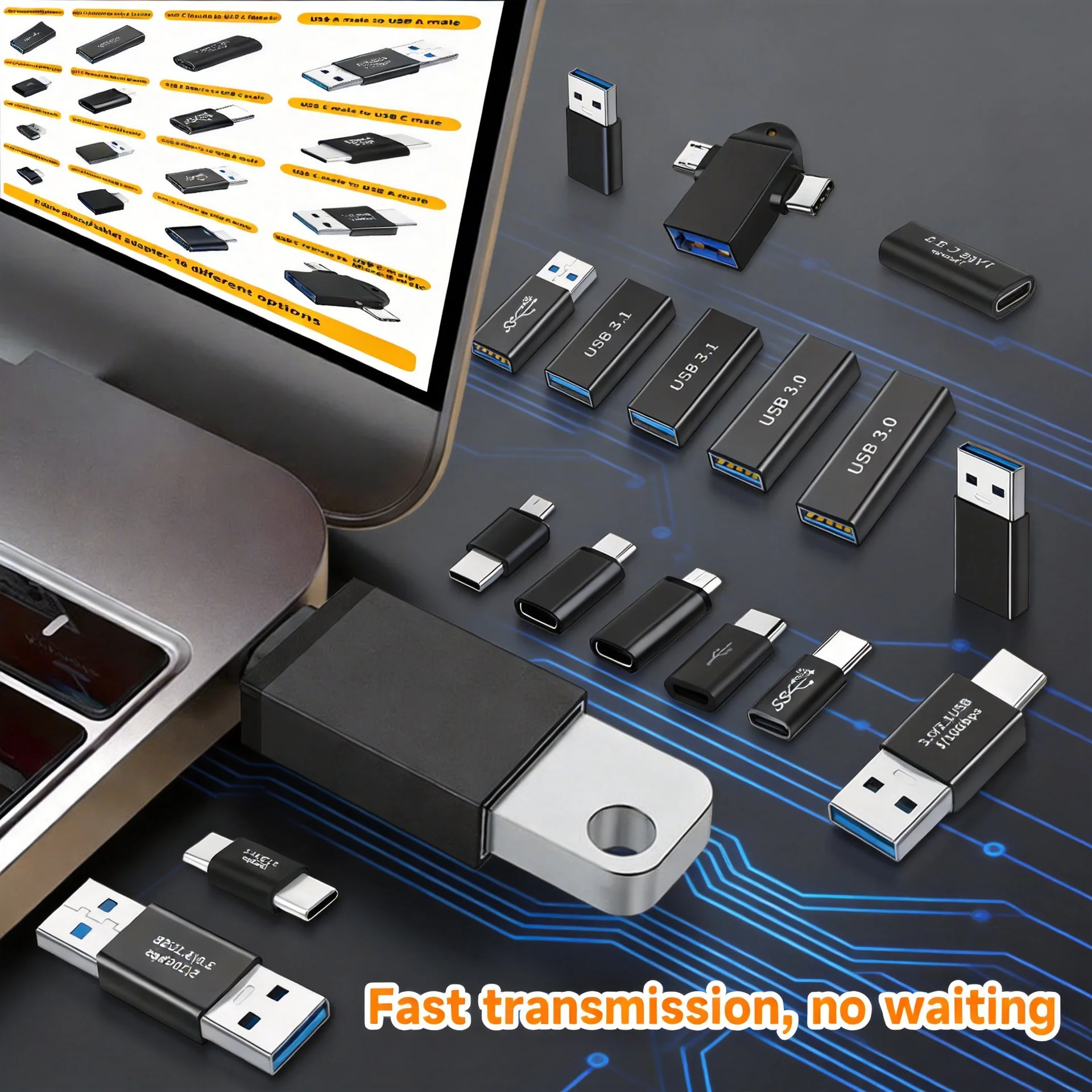 16PCS USB3.0 Connector to USB-C Male to Female Adapter, OTG USB Converter for SSD/HDD, Data Cable Extender, ExpansionAdapter