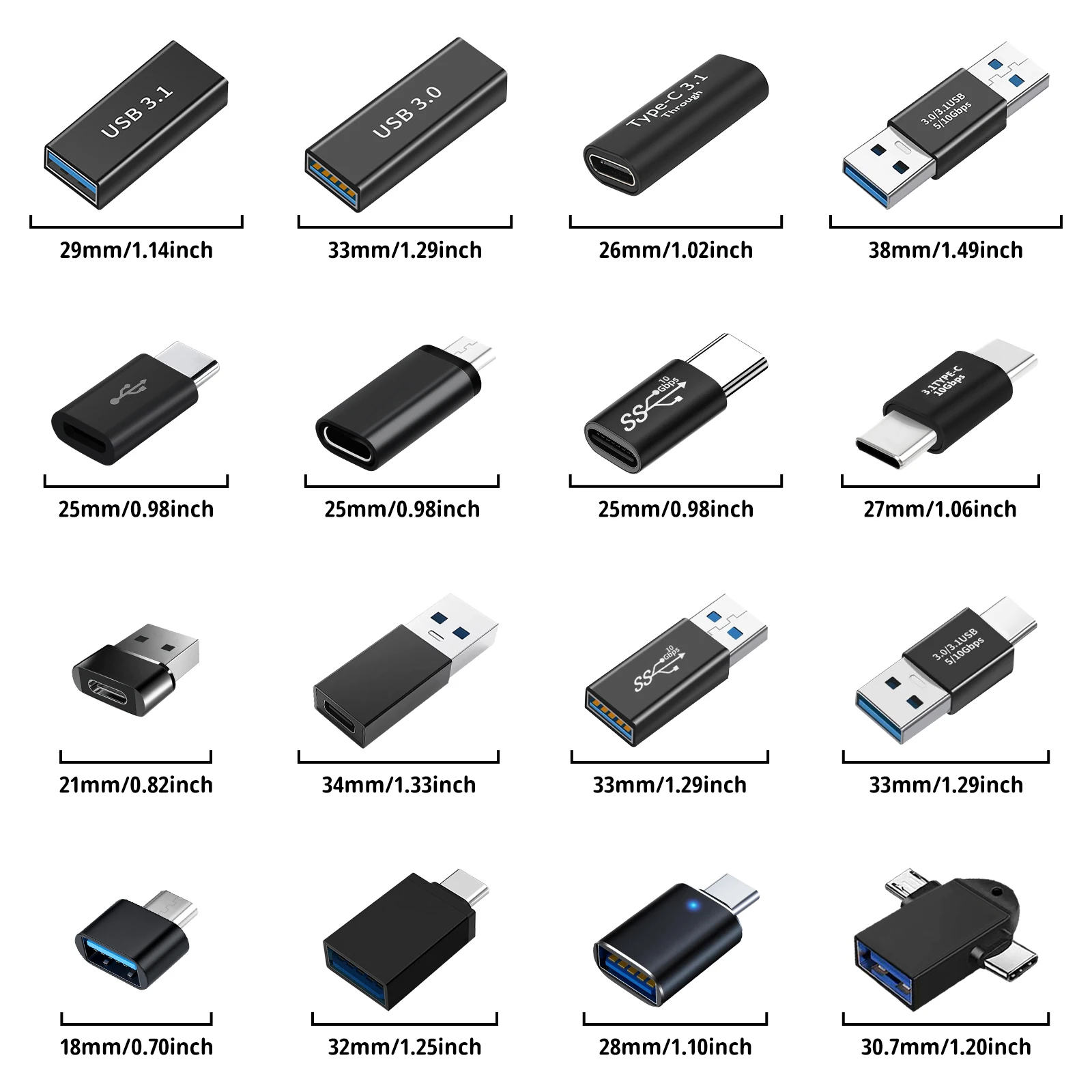16PCS USB3.0 Connector to USB-C Male to Female Adapter, OTG USB Converter for SSD/HDD, Data Cable Extender, ExpansionAdapter