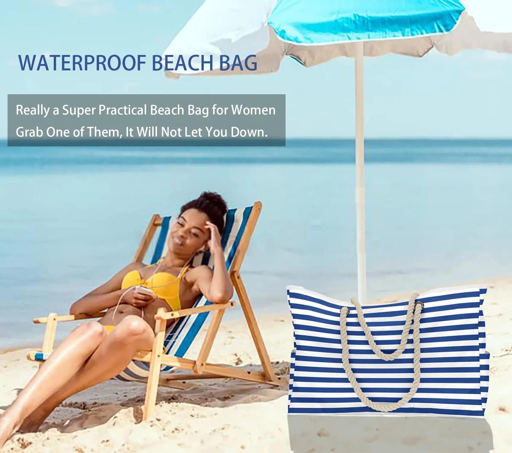 Waterproof Striped Zipper Outer Bag for Outdoor Travel Vacation Sand Resistant Canvas Convenient Folding Beach Bag 