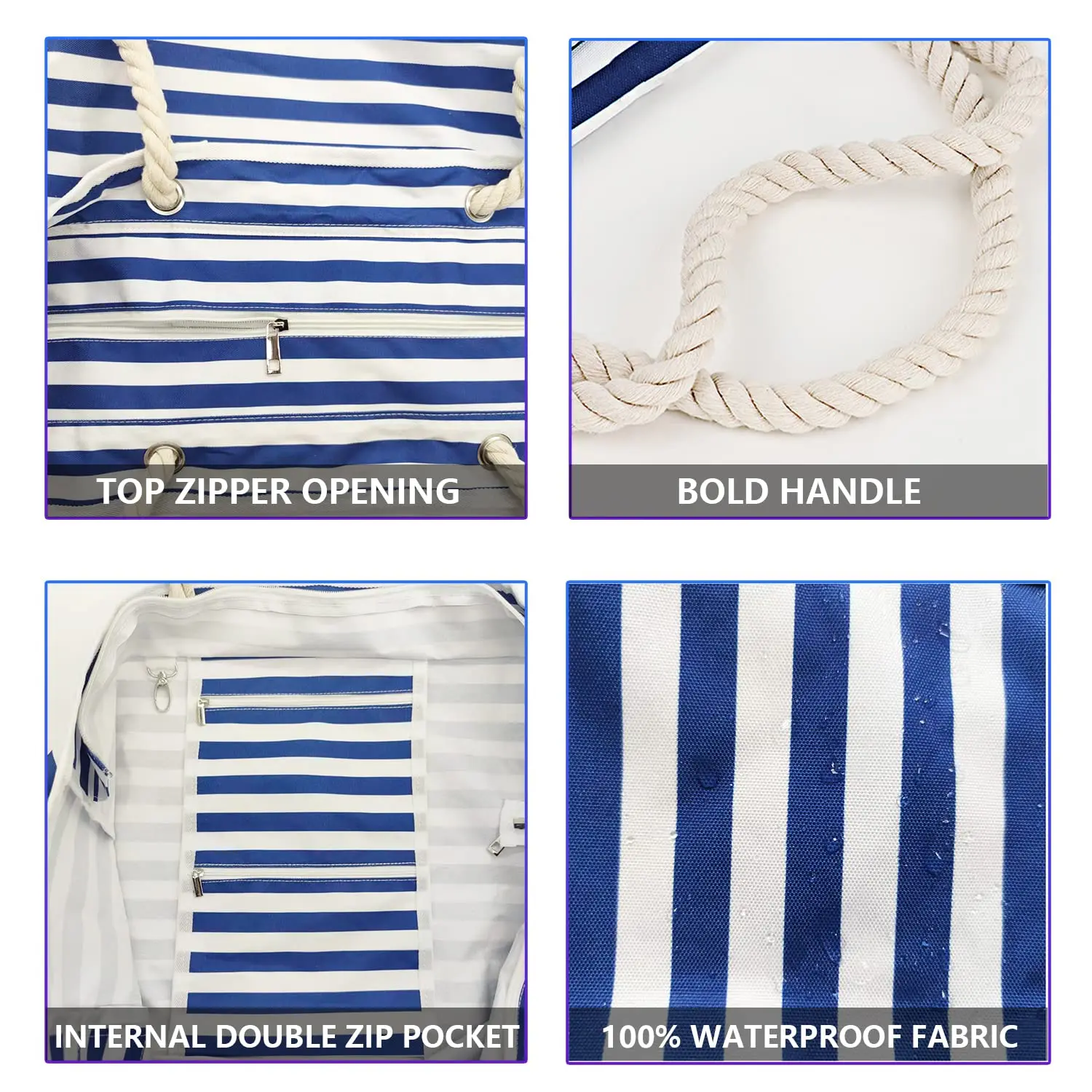 Waterproof Striped Zipper Outer Bag for Outdoor Travel Vacation Sand Resistant Canvas Convenient Folding Beach Bag 