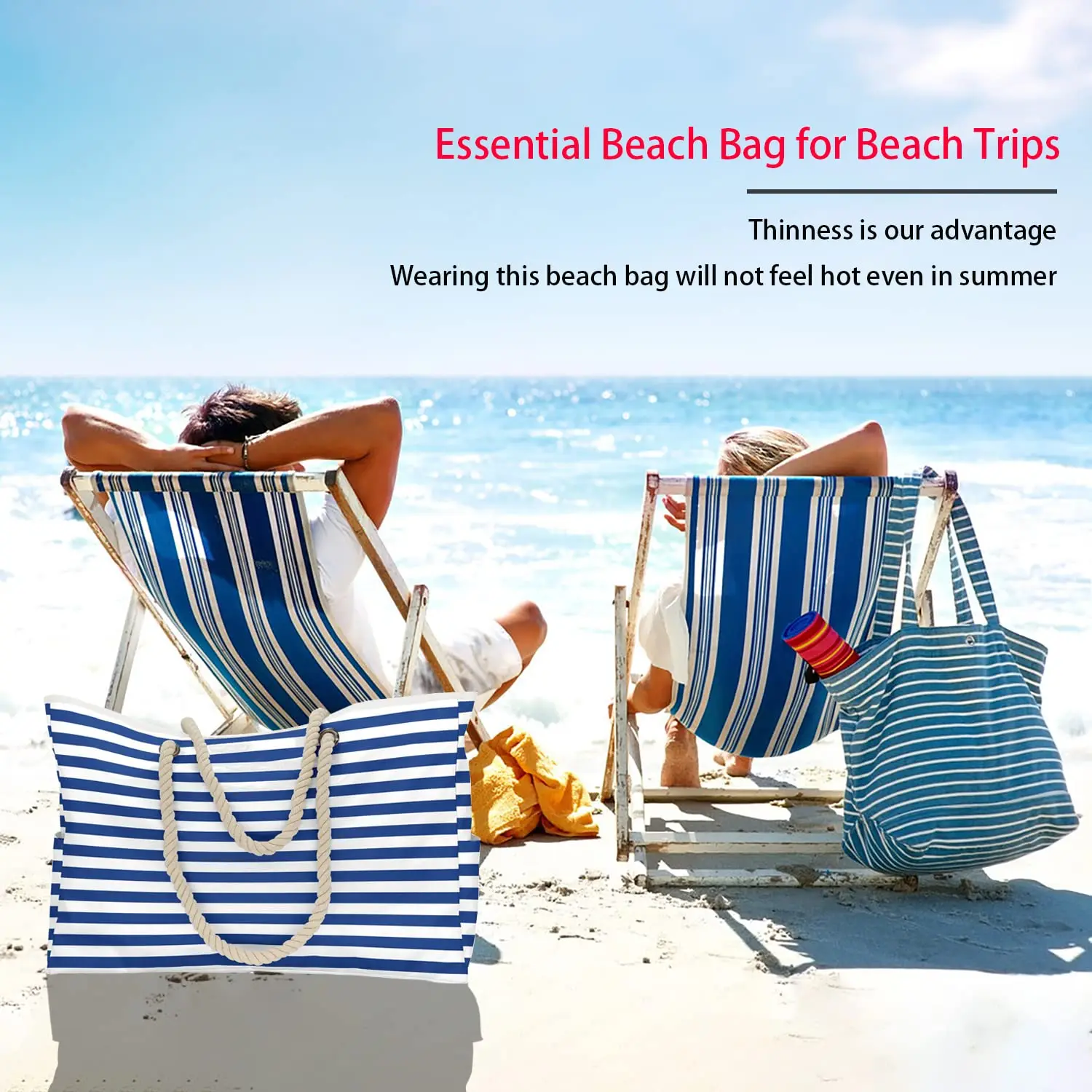 Waterproof Striped Zipper Outer Bag for Outdoor Travel Vacation Sand Resistant Canvas Convenient Folding Beach Bag 