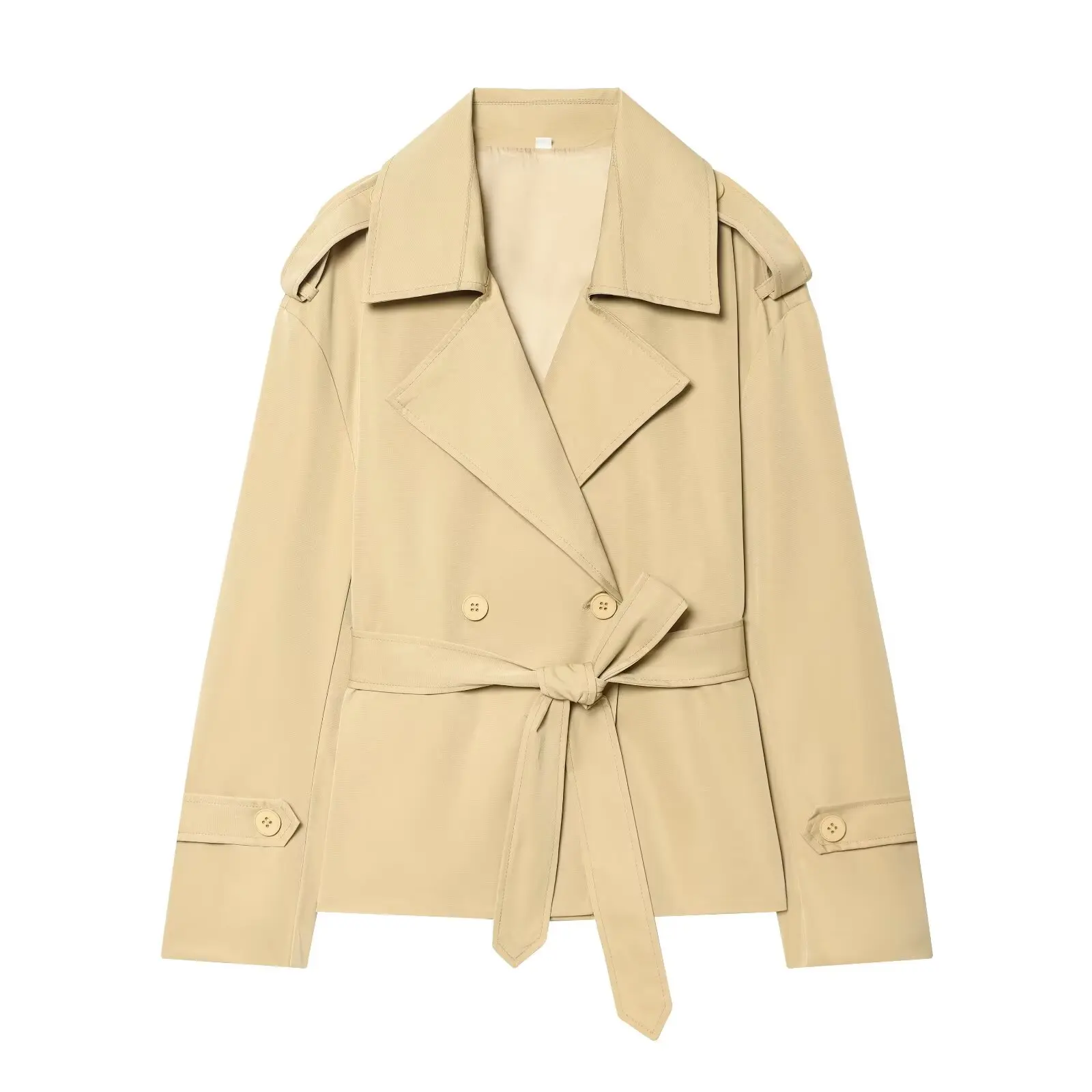 Nlzgmsj 2026 Spring French Style Women Cropped Trench Coat Double Breasted Belted Lapel Collar Long Sleeve Elegant Windbreaker