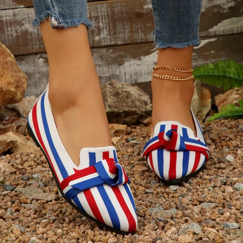 New Women Flats Knitted Slip Breathable Comfortable Shoes Fashionable Versatile Pointed Toe Walking Loafers Sneakers Women