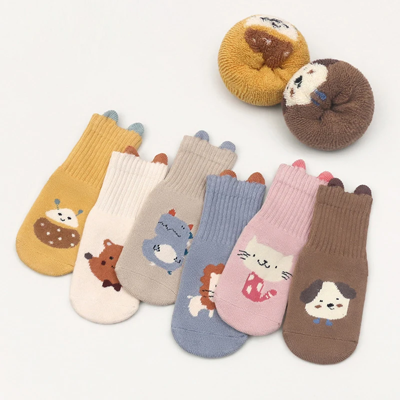 5 Pairs Striped Anti-Slip Baby Floor Socks, Children's Cartoon Animal Mid-Calf Socks, Suitable for All Seasons to Wear