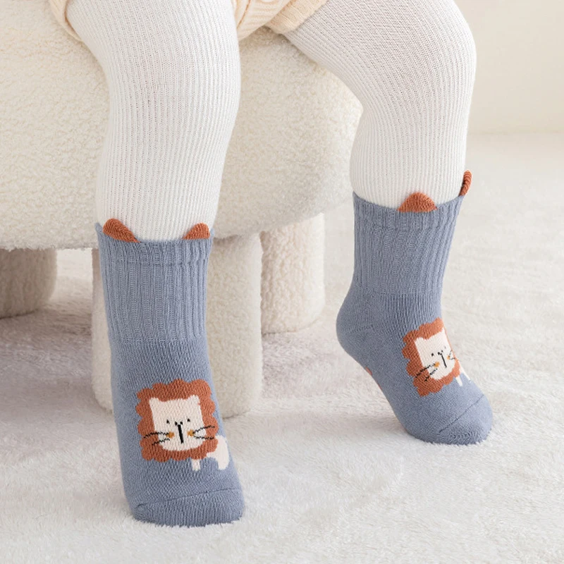 5 Pairs Striped Anti-Slip Baby Floor Socks, Children's Cartoon Animal Mid-Calf Socks, Suitable for All Seasons to Wear