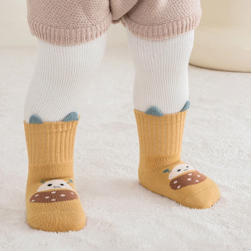 5 Pairs Striped Anti-Slip Baby Floor Socks, Children's Cartoon Animal Mid-Calf Socks, Suitable for All Seasons to Wear