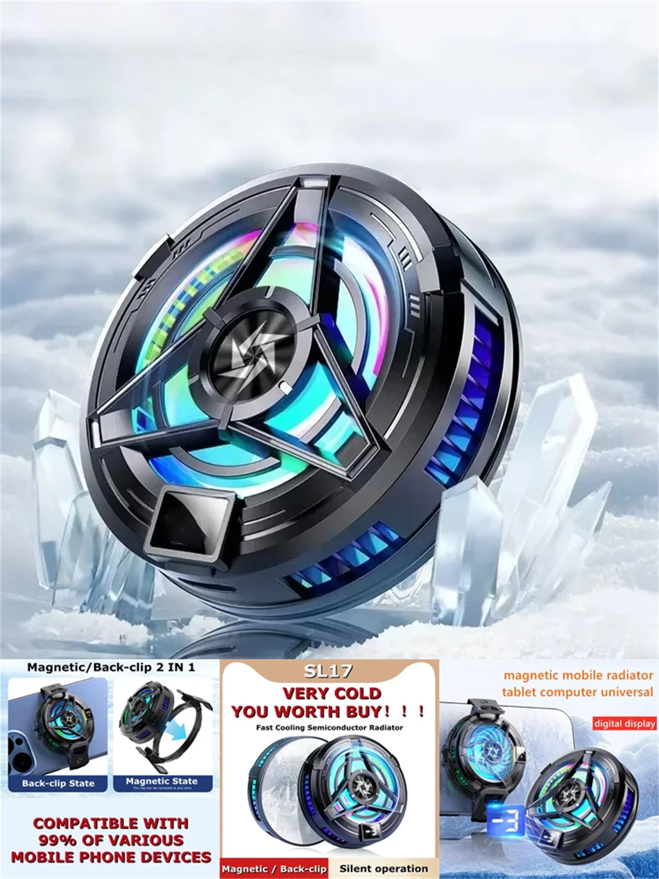 SL17 Magnetic Phones Cooler Back-Clip 2 in 1 Game Cooler Semiconductor Fast Phone Cooling Fan for IOS Android Phone
