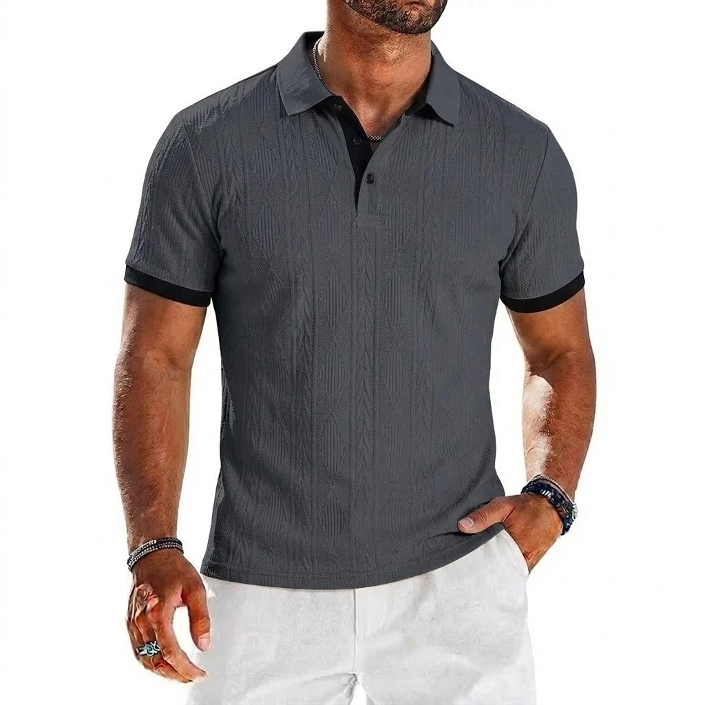 Mens Casual Knit Polo Shirts Stretchy Textured Short Sleeve Dress Golf Shirts Summer Beach Casual T-shirts Button Streetwear
