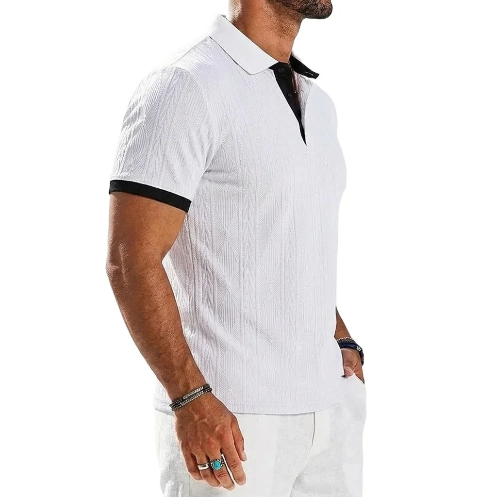 Mens Casual Knit Polo Shirts Stretchy Textured Short Sleeve Dress Golf Shirts Summer Beach Casual T-shirts Button Streetwear