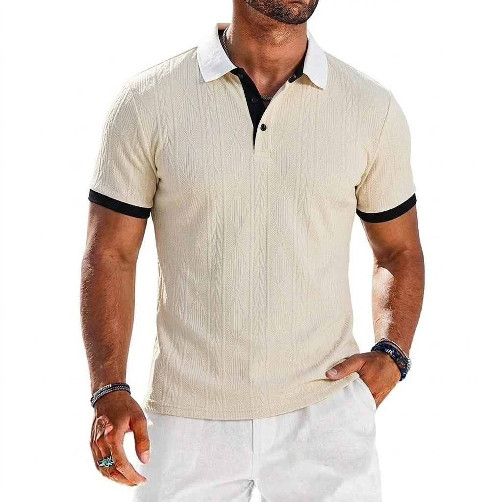 Mens Casual Knit Polo Shirts Stretchy Textured Short Sleeve Dress Golf Shirts Summer Beach Casual T-shirts Button Streetwear