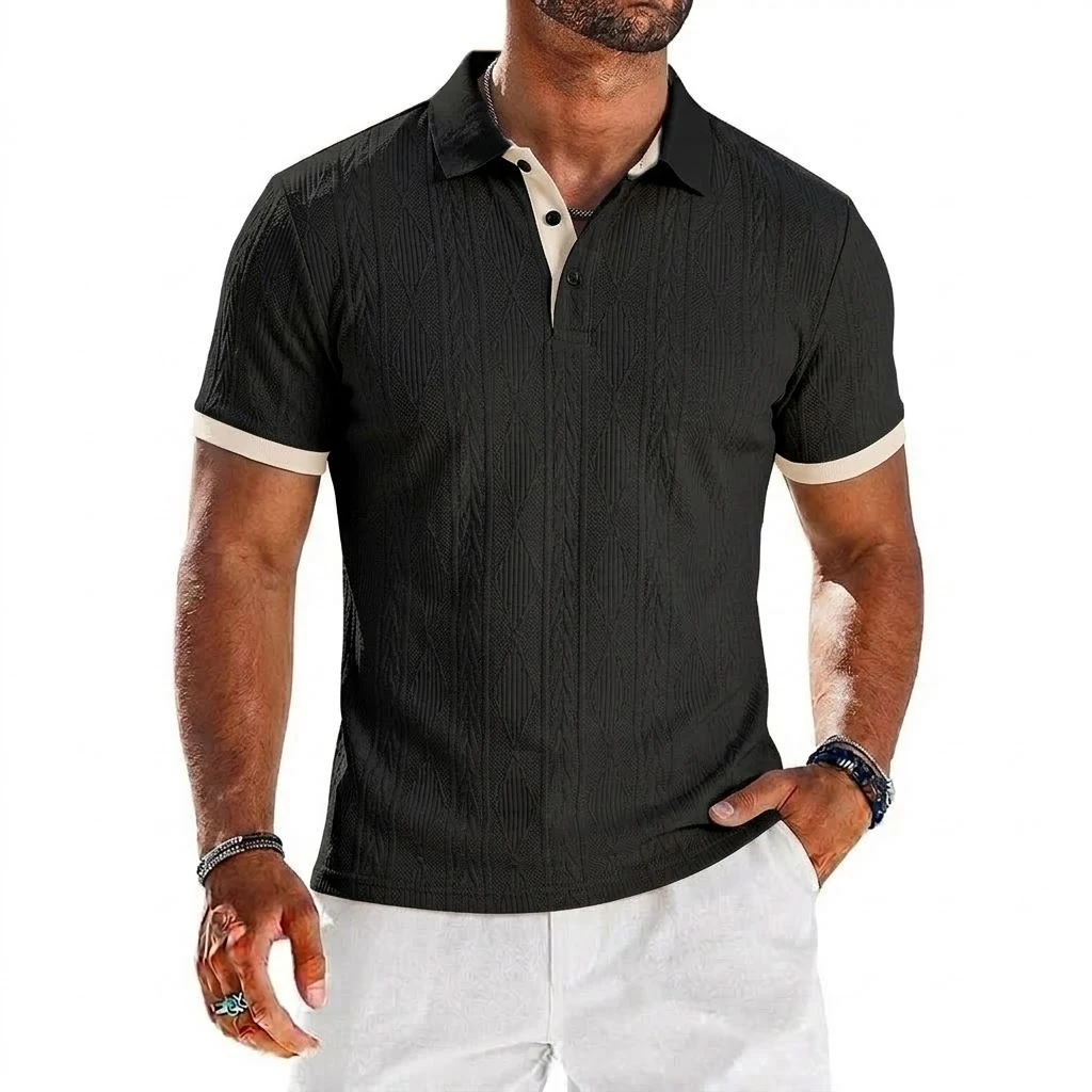 Mens Casual Knit Polo Shirts Stretchy Textured Short Sleeve Dress Golf Shirts Summer Beach Casual T-shirts Button Streetwear