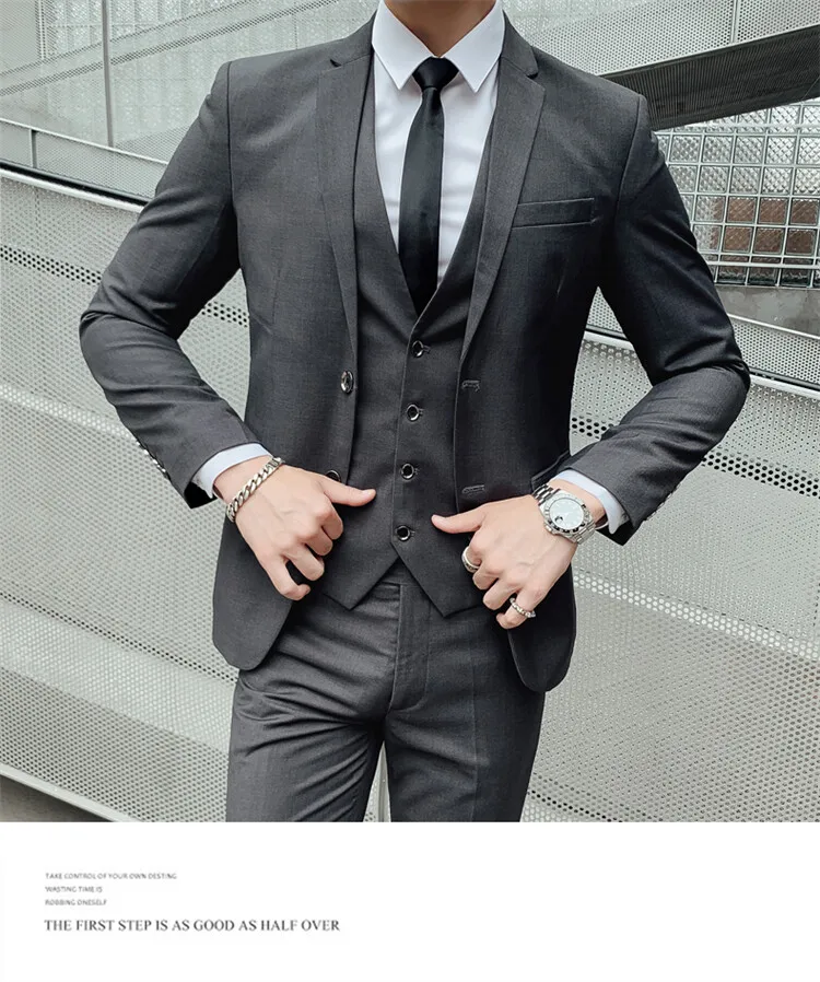 Solid Color Suit Men's Fashionable Gentleman Business Banquet Korean-style Formal Dress Casual Wedding (Blazer+Vest+Trousers)