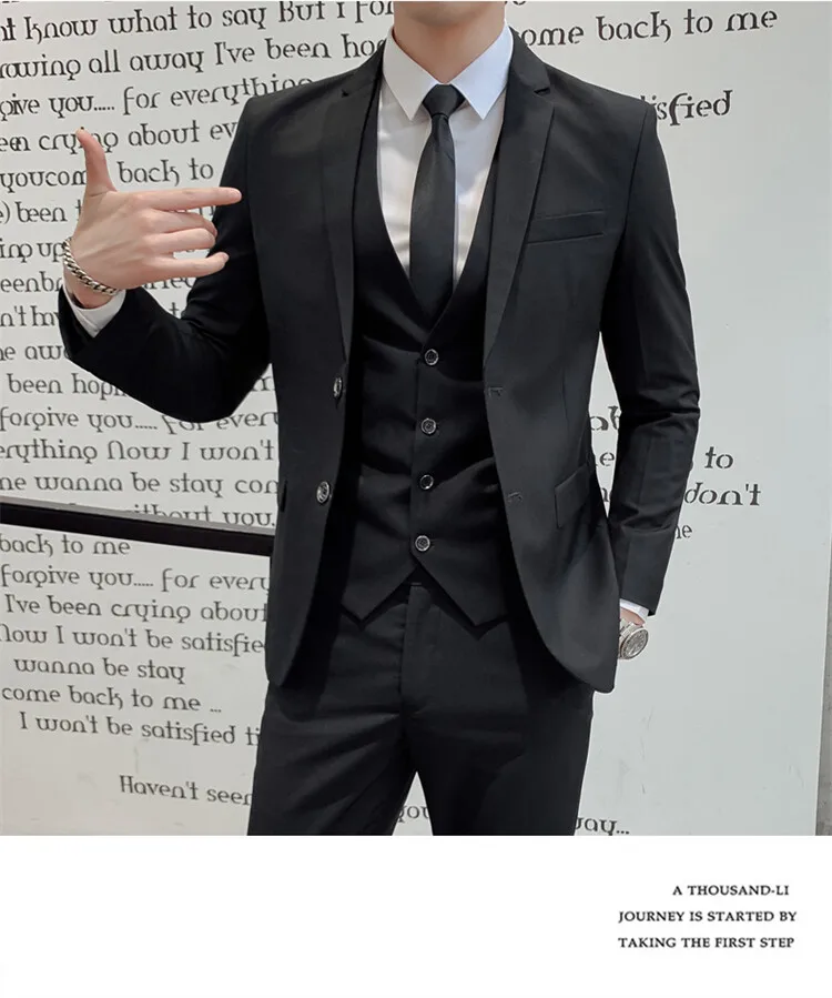 Solid Color Suit Men's Fashionable Gentleman Business Banquet Korean-style Formal Dress Casual Wedding (Blazer+Vest+Trousers)