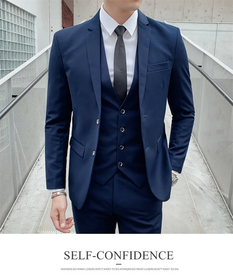 Solid Color Suit Men's Fashionable Gentleman Business Banquet Korean-style Formal Dress Casual Wedding (Blazer+Vest+Trousers)
