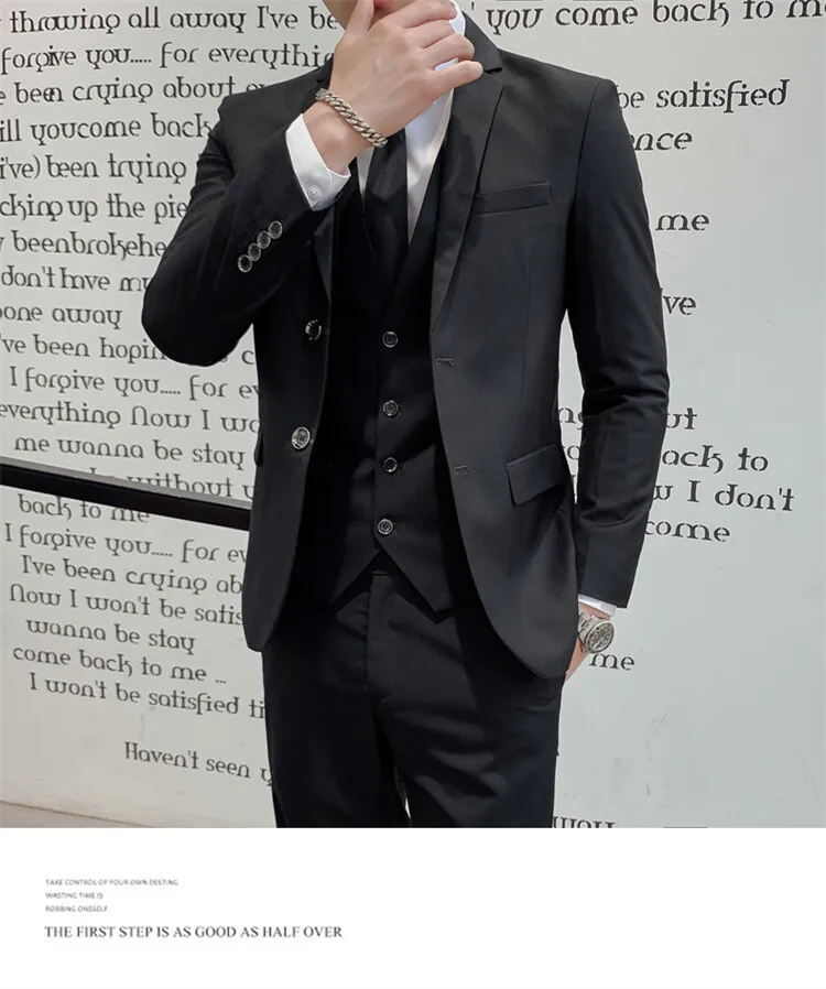 Solid Color Suit Men's Fashionable Gentleman Business Banquet Korean-style Formal Dress Casual Wedding (Blazer+Vest+Trousers)