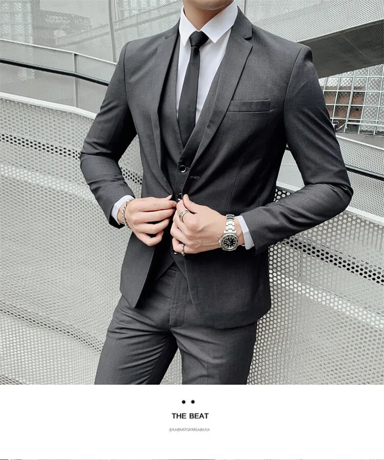 Solid Color Suit Men's Fashionable Gentleman Business Banquet Korean-style Formal Dress Casual Wedding (Blazer+Vest+Trousers)