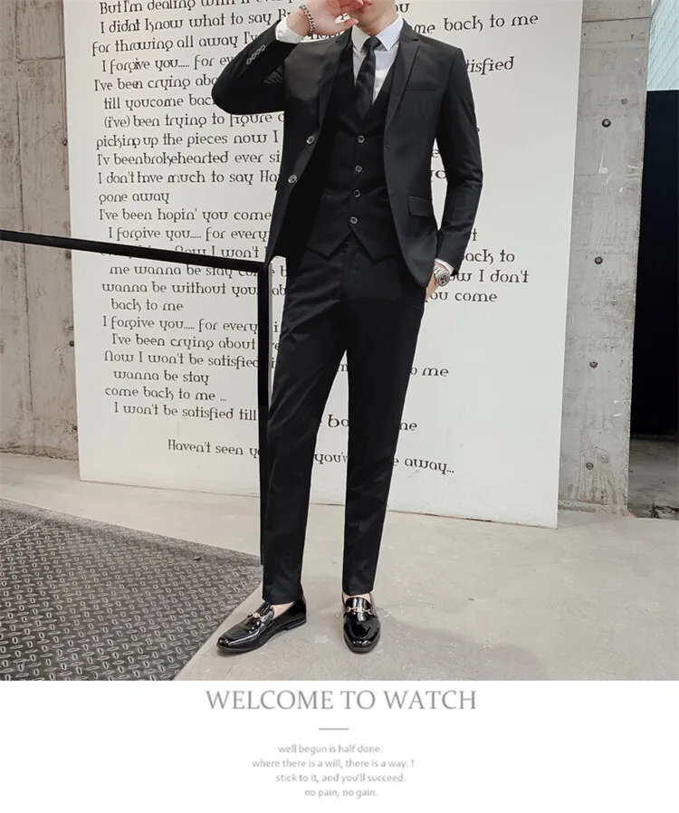 Solid Color Suit Men's Fashionable Gentleman Business Banquet Korean-style Formal Dress Casual Wedding (Blazer+Vest+Trousers)