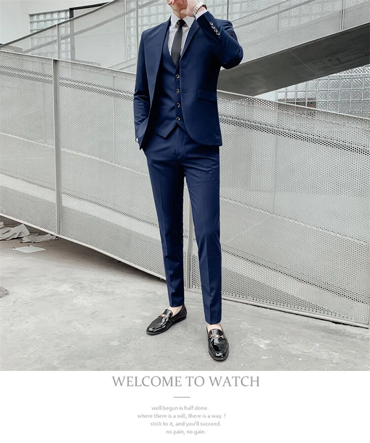 Solid Color Suit Men's Fashionable Gentleman Business Banquet Korean-style Formal Dress Casual Wedding (Blazer+Vest+Trousers)