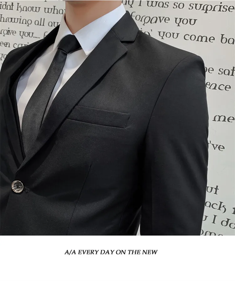 Solid Color Suit Men's Fashionable Gentleman Business Banquet Korean-style Formal Dress Casual Wedding (Blazer+Vest+Trousers)