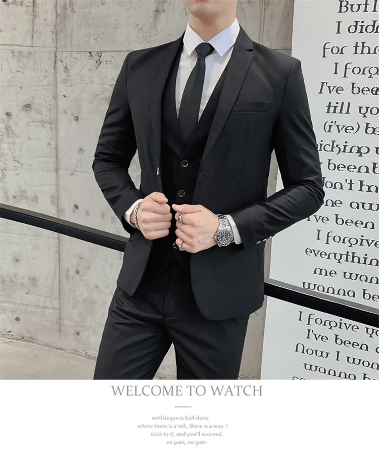 Solid Color Suit Men's Fashionable Gentleman Business Banquet Korean-style Formal Dress Casual Wedding (Blazer+Vest+Trousers)