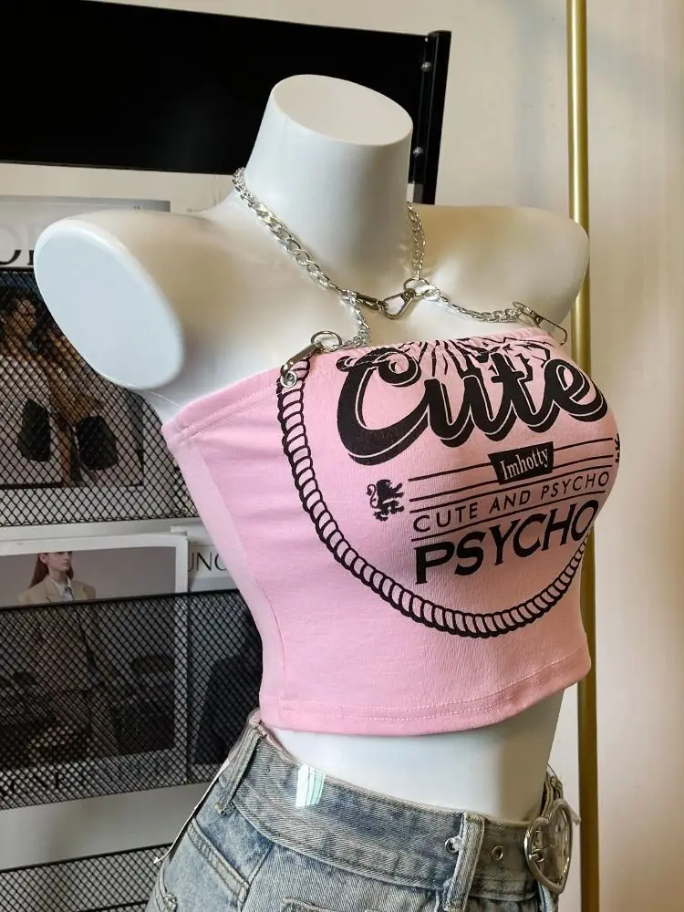 2026 Summer Fashion New Girl Sweet Mini Tank Top Spicy Girl Chain Neck Hanging Pink Female Trendy Cool Short Outerwear Top