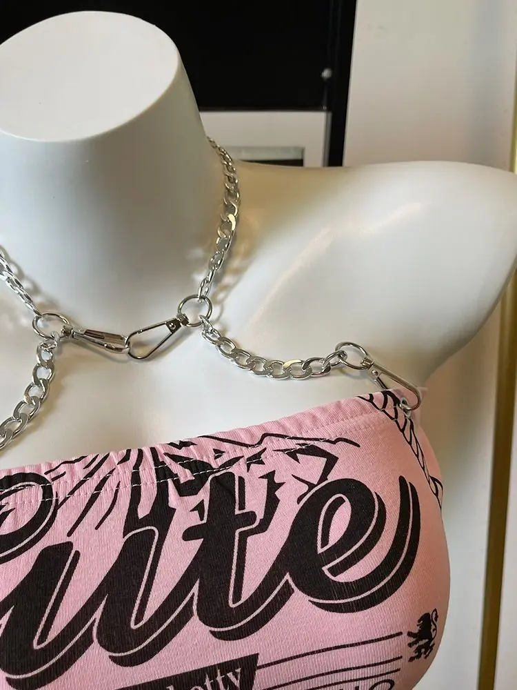 2026 Summer Fashion New Girl Sweet Mini Tank Top Spicy Girl Chain Neck Hanging Pink Female Trendy Cool Short Outerwear Top