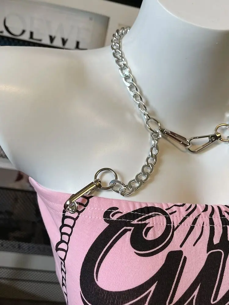 2026 Summer Fashion New Girl Sweet Mini Tank Top Spicy Girl Chain Neck Hanging Pink Female Trendy Cool Short Outerwear Top