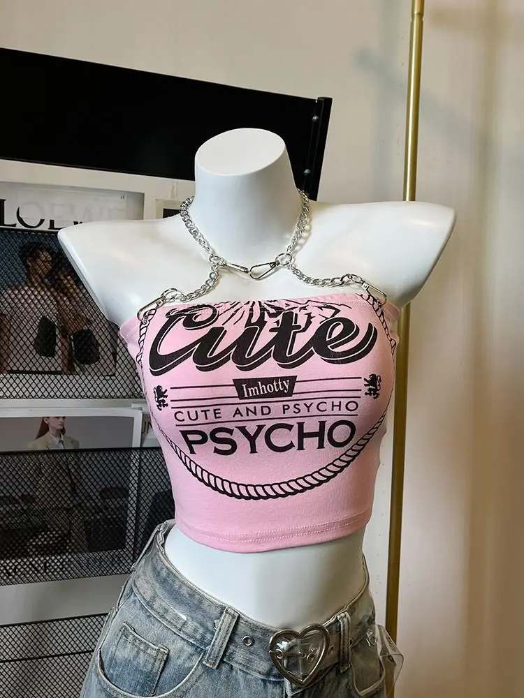 2026 Summer Fashion New Girl Sweet Mini Tank Top Spicy Girl Chain Neck Hanging Pink Female Trendy Cool Short Outerwear Top