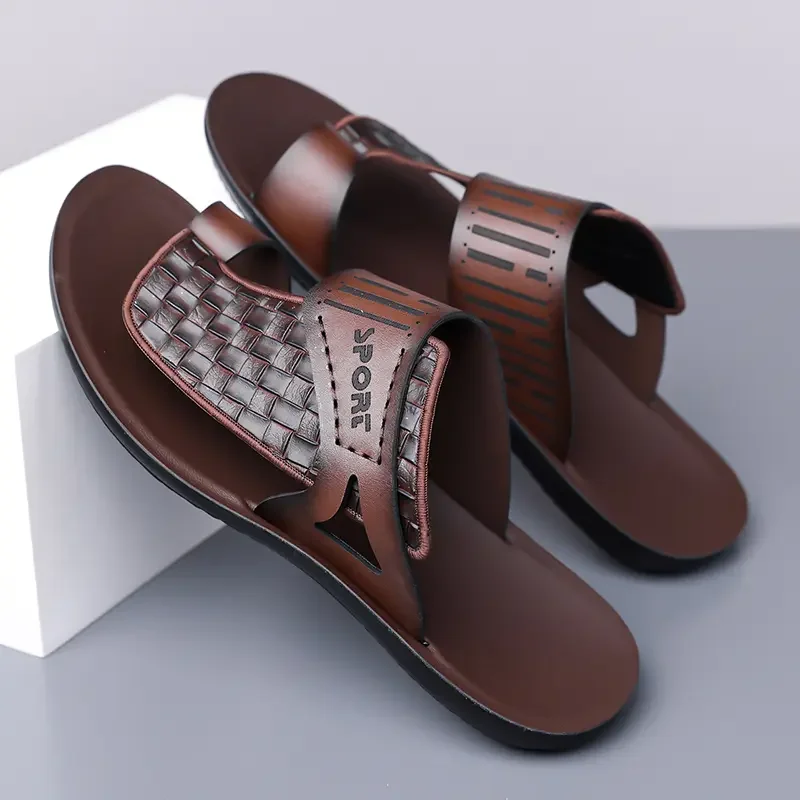 Summer Men's Fashionable Simple Leather Sandals Large Size38-48 Youth Beach Shoes Slippers Rubber Sole Comfortable Casual Footwe