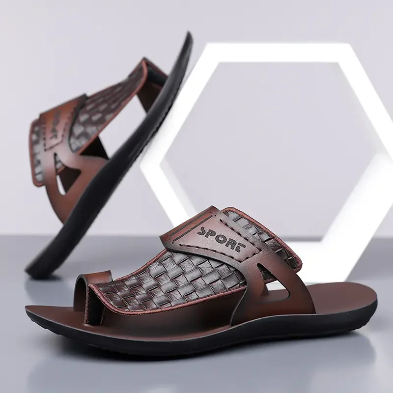 Summer Men's Fashionable Simple Leather Sandals Large Size38-48 Youth Beach Shoes Slippers Rubber Sole Comfortable Casual Footwe