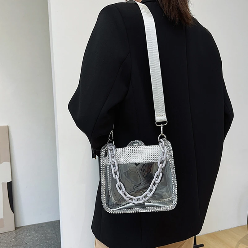 2026 NEW Transparent Shoulder Bag New Chain Handbag Fashionable Diamond Inlaid Jelly Bag PVC Women Crossbody Bag